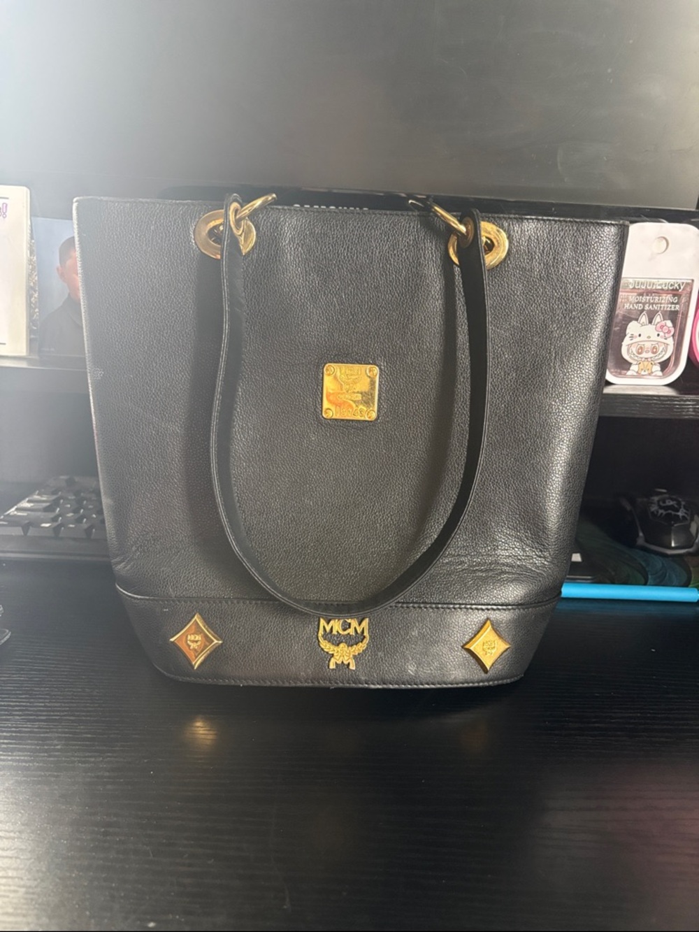 MCM Black Leather Tote with Gold Hardware